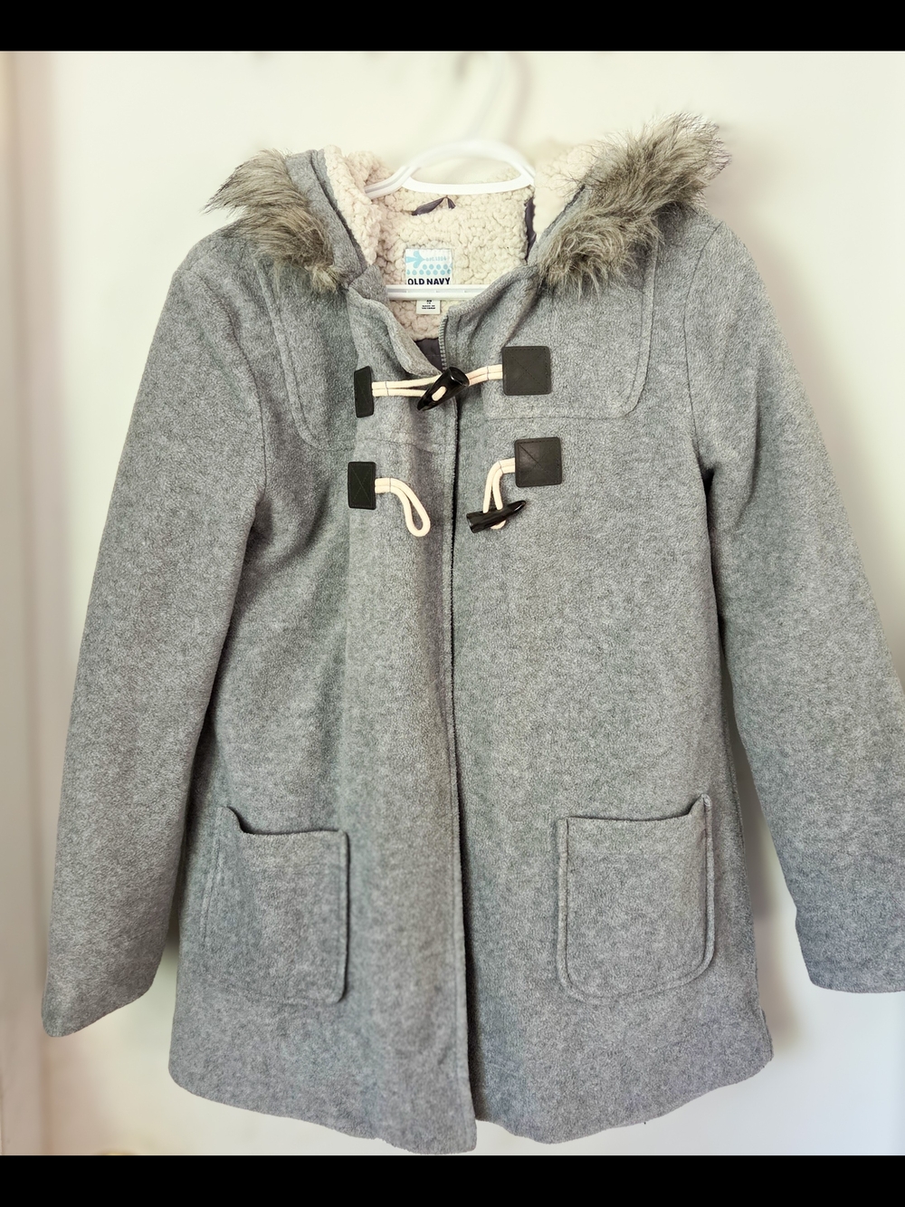 Old Navy Gray Hooded Toggle Peacoat with Faux Fur Trim, Cozy Fall Coat.
